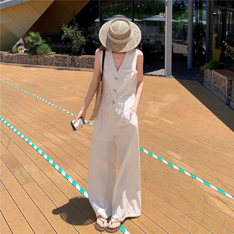 时尚洋所马甲套装女夏季新款职场风V领西装马夹外套阔腿裤两件套,女装套装/套裙,水衣源