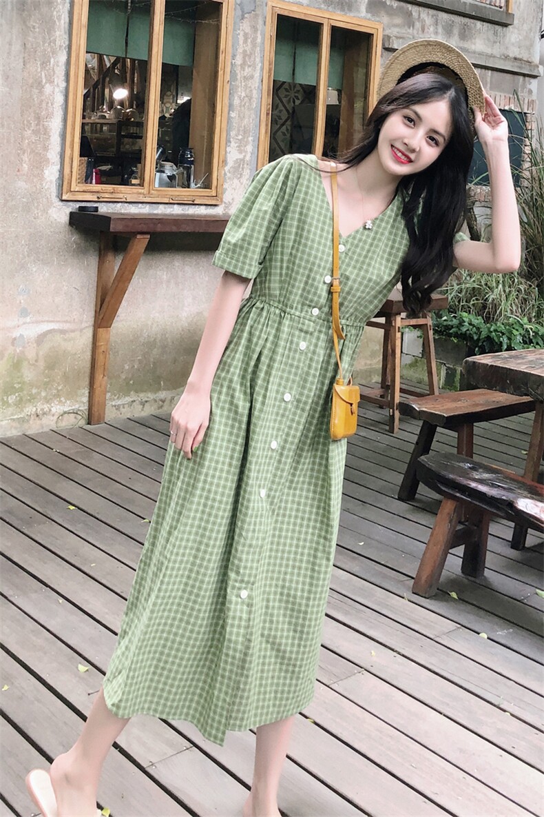 爆款现货！20夏牛油果绿高腰显瘦格子连衣裙229-8113-P75-K128,女装连衣裙,浙宝229