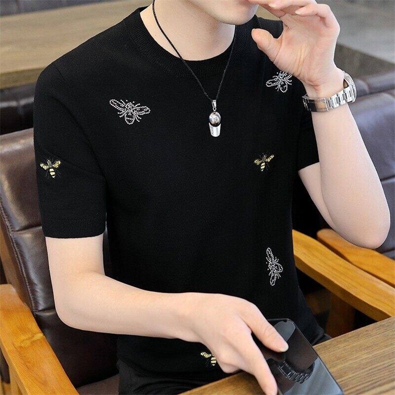 7386-P55夏季休闲时尚短袖毛衣男打底衫欧货T恤潮牌针织衫,男装T恤,电商D310B-1