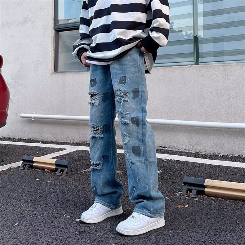 牛仔裤男秋季潮大码休闲裤子破洞泼墨牛仔裤N8823P43,男装牛仔裤,星座1116-2