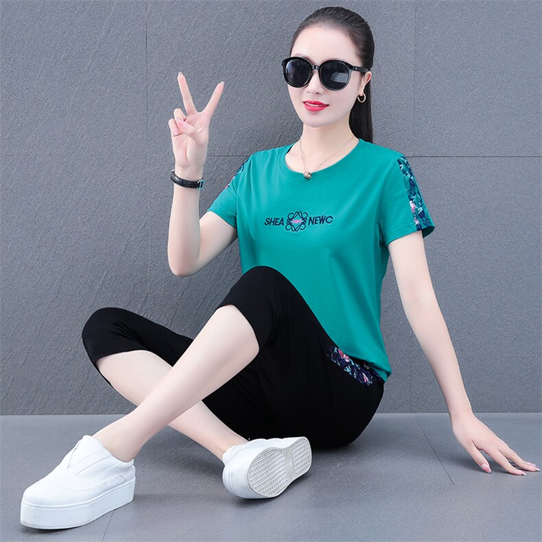 短袖纯棉运动套装女夏季2023新款广场舞跳舞中年妈妈休闲服两件套,女装运动套装,燕颉服饰