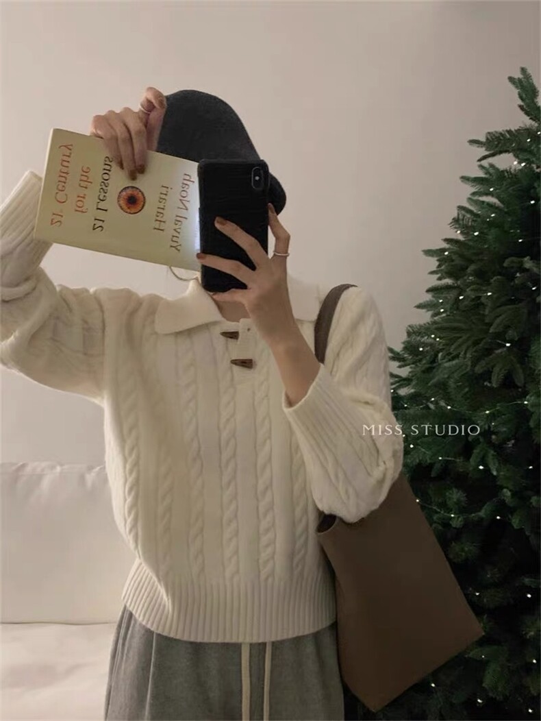 2025翻领纽扣领子针织衫百搭简约时尚，女装针织衫/毛衣，思途羊绒