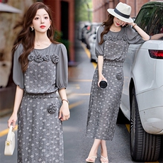 轻熟风波点气质两件套连衣裙2025夏季新款高端精致显瘦中长款裙子，女装套装/套裙，魅家