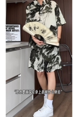 水墨扎染短裤男短袖衬衫男套装男M-5XL大码TZ78714P50控98模特图，男装牛仔裤，星座226-1