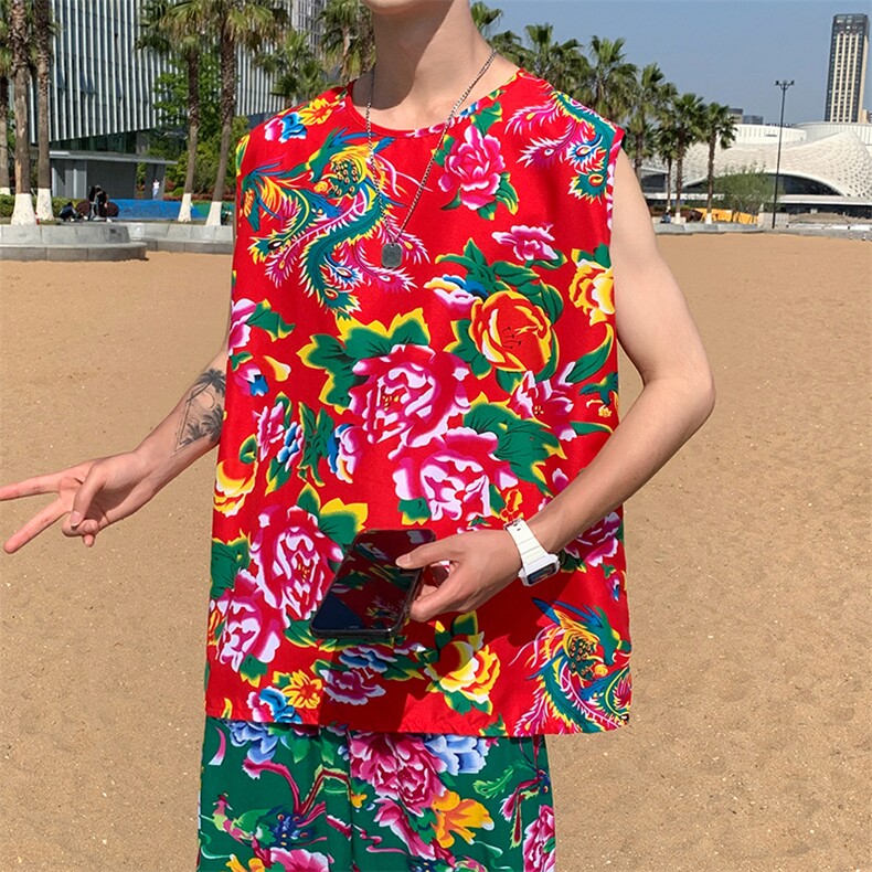 夏大码东北大花布男背心坎肩运动马甲男装风民族牡丹花MJ01,男装背心/马甲,星座115A(原星座507）