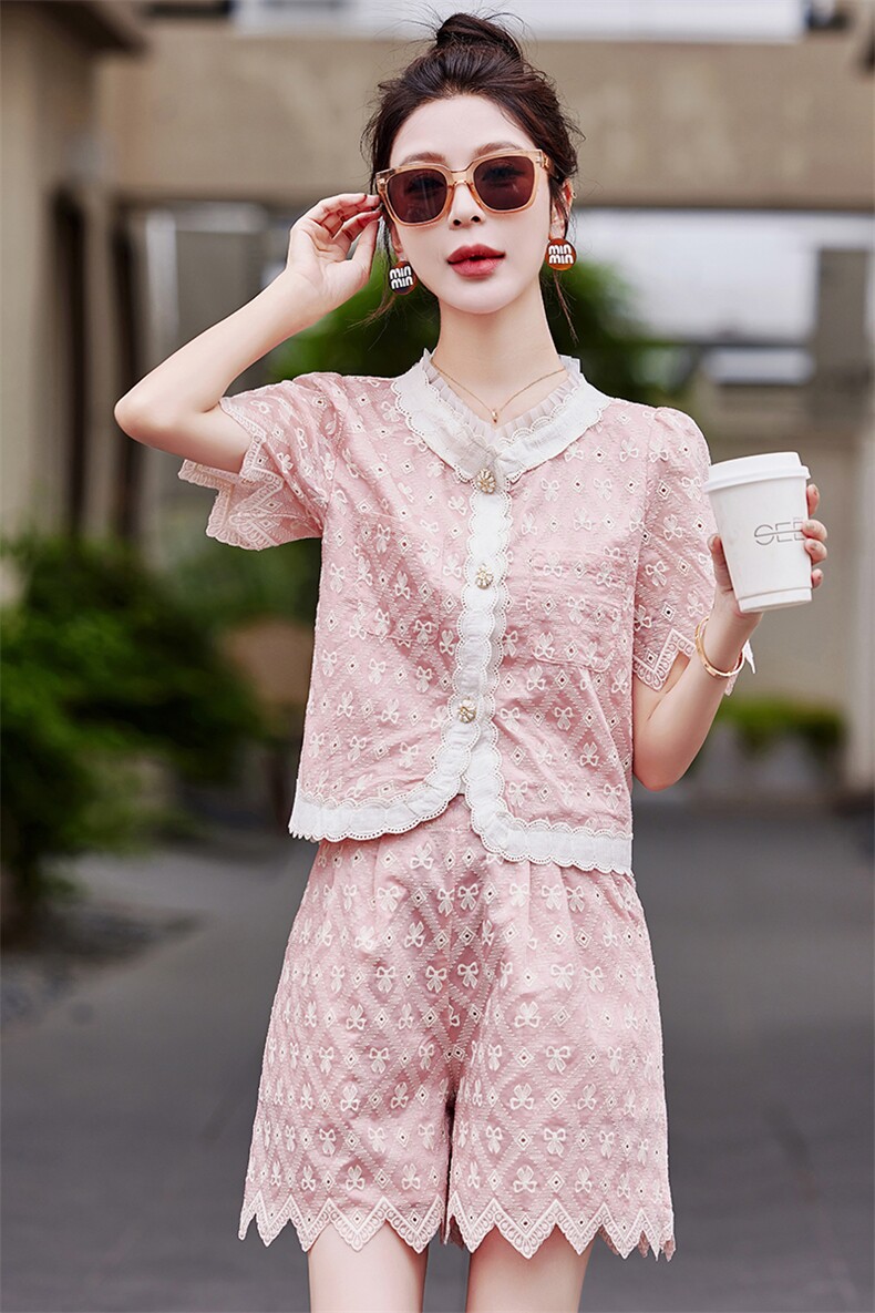 法式时尚套装蕾丝连衣裙女夏2025新款小香风上衣半身裙粉色两件套,女装套装/套裙,慕依路
