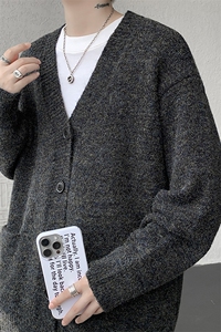 幻彩马海毛V领开衫毛衣男春秋美式复古宽松慵懒风针织衫休闲外套图片