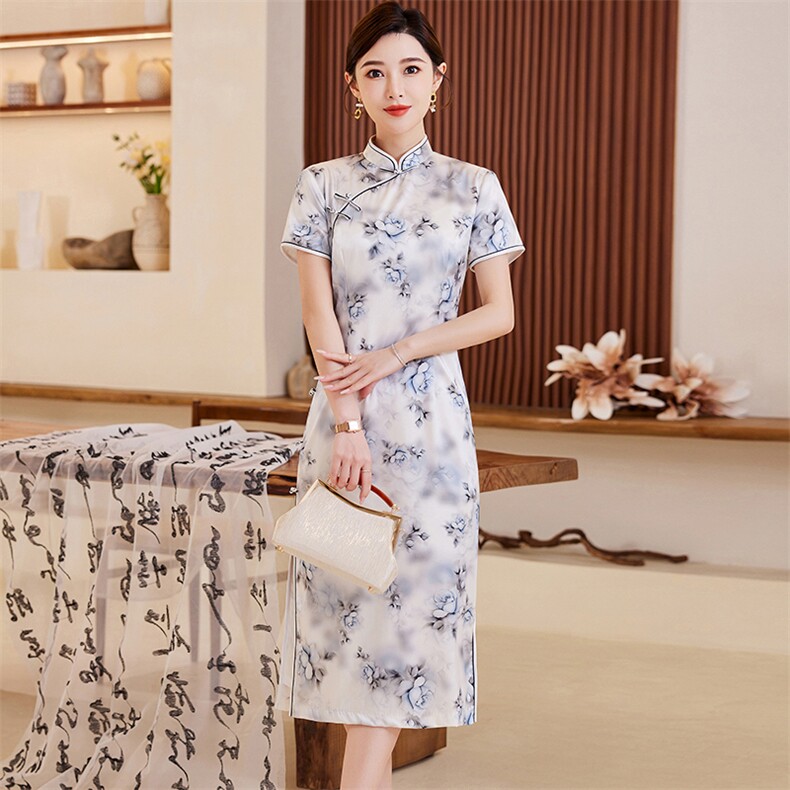 2024夏季新款高奢时尚盘扣中长款专柜品质真丝旗袍日常连衣裙,女装汉服/婚纱/旗袍/礼服,媚琳依坊