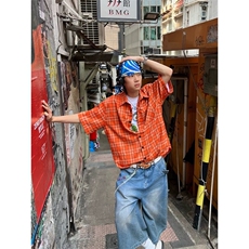 网图有货美式复古橙色格纹短袖衬衫男女A596-短袖P27长袖P30，男装T恤，星座1505