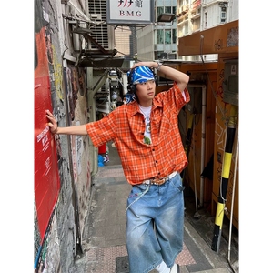网图有货 美式复古橙色格纹短袖衬衫男女 A596-短袖P27 长袖P30图片