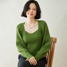 时尚优雅抽条泡袖V领女士35%羊绒衫，女装羊绒衫，迎冬羊绒