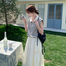 韩系穿搭休闲时尚套装裙女2025夏季新款条纹无袖T恤半身裙两件套，女装套装/套裙，慧尚依恋
