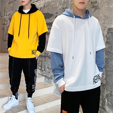 春季新款潮男个性假两件时尚卫衣青少年连帽撞色卫衣CYWY05，男装卫衣，电商A128