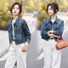 早秋新款牛仔外套女2024休闲韩版时尚刺绣蝴蝶结烫钻洋气百搭上衣，女装牛仔外套，潮流依族