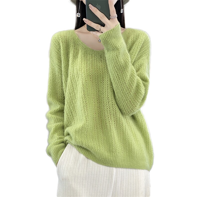 100%纯羊毛衫女V领套头镂空毛衣秋冬新款宽松羊绒衫上衣针织打底,女装羊毛衫,邓利维
