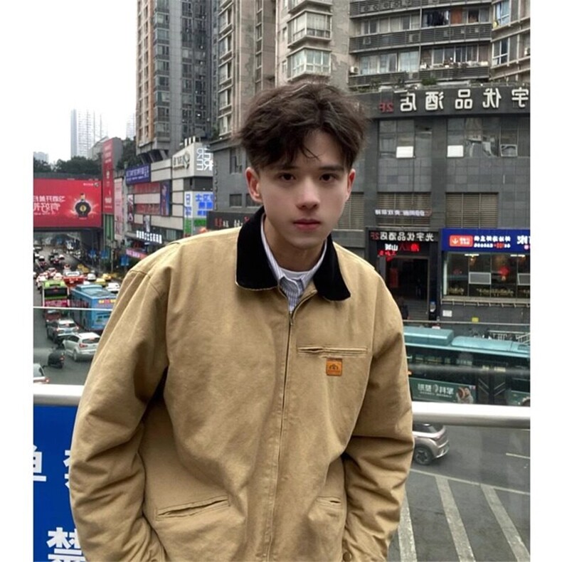 卡其色外套美式复古翻领棒球服高级底特律工装夹克 JK7705 特P68图片