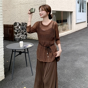 咖色美拉德镂空罩衫吊带裙套装2025新款女秋季轻熟气质穿搭两件套图片