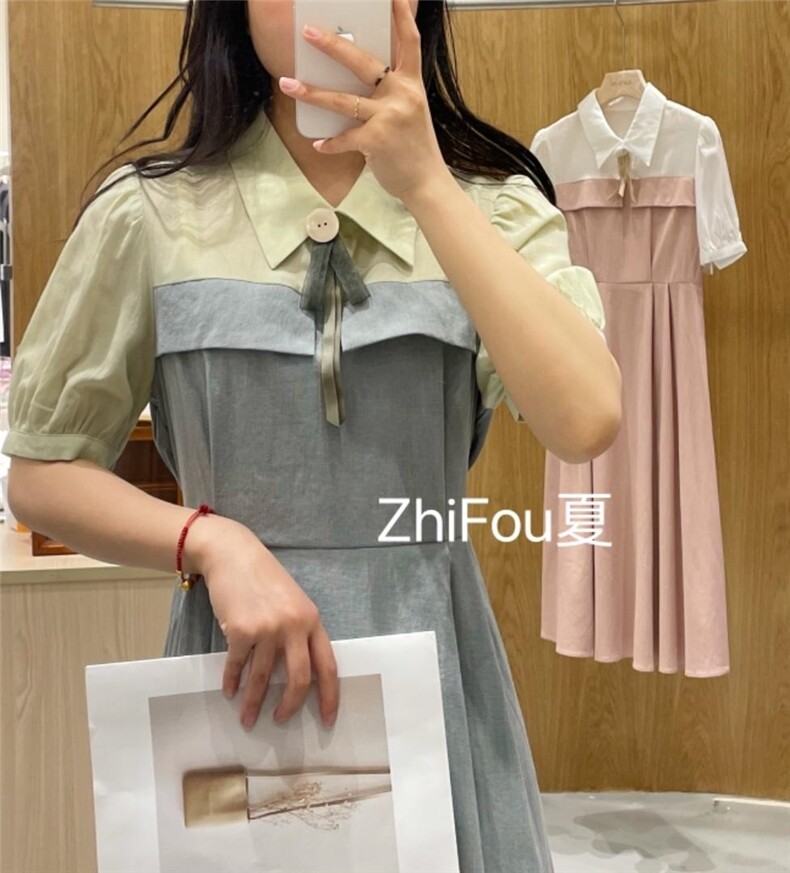 夏季新款撞色感拼接连衣裙,女装连衣裙,知否