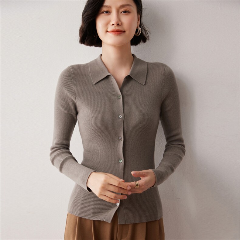 秋冬新款洋气时尚百搭显瘦女款POLO领35%山羊绒开衫,女装羊绒衫,艾巧羊绒