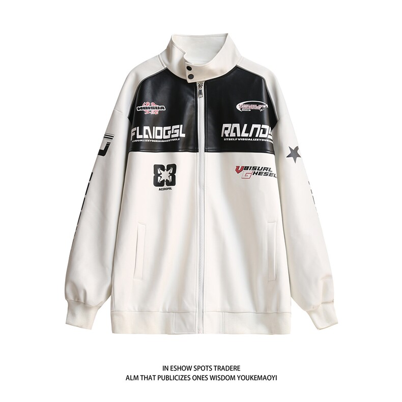 白底秋装2023机车服pu皮衣男女情侣宽松夹克秋季大码外套S246P118，男装皮衣，电商A233-2