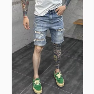 男士破洞五分牛仔裤潮牌夏季新款复古做旧个性刮烂时尚短裤男马裤图片