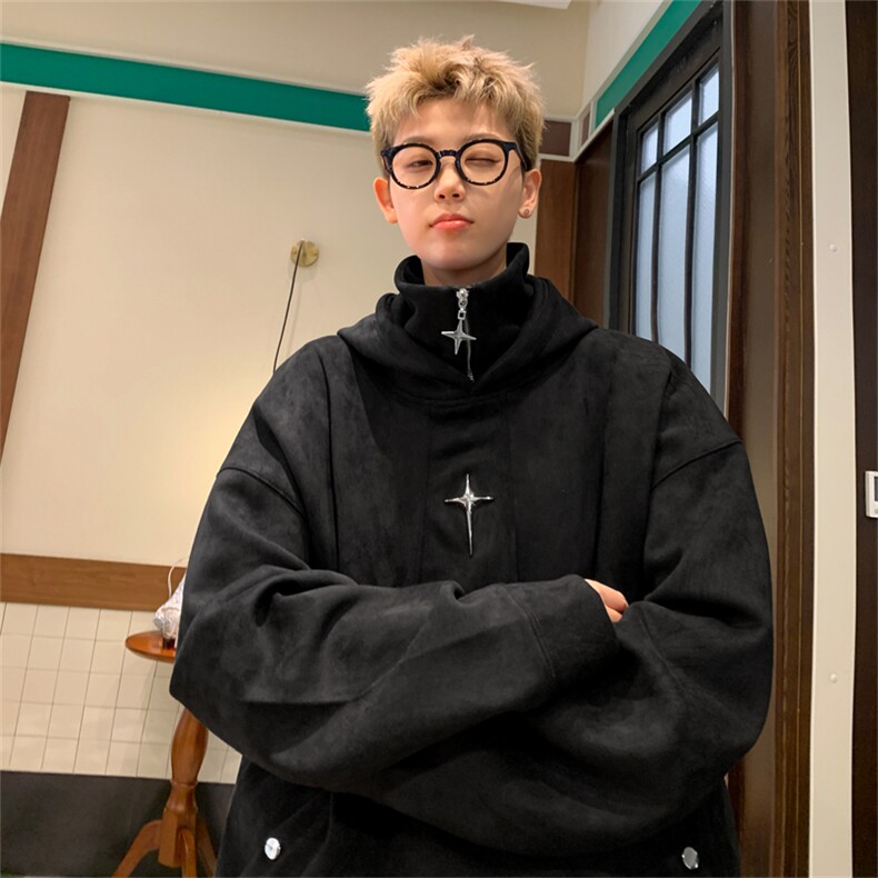 加绒秋冬美式复古假两件加厚连帽卫衣半拉链外套6613JR-P78控98,女装短外套,星座307A