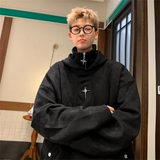 加绒秋冬美式复古假两件加厚连帽卫衣半拉链外套6613JR-P78控98，女装短外套，星座307A
