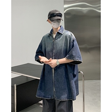 S305-P58夏季新款潮牌拉链短袖衬衫渐变水洗做旧牛仔衬衣男现货，男装衬衫，星座512-6