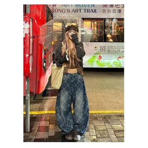 美式水洗做旧网格阔腿牛仔裤男女宽松休闲百搭拖地长裤NK0928-P58图片