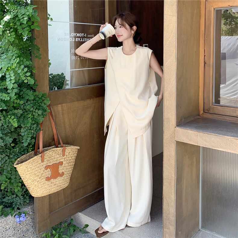 不规则开叉无袖马甲阔腿裤套装女2025夏季新款韩系休闲气质两件套,女装套装/套裙,2C166