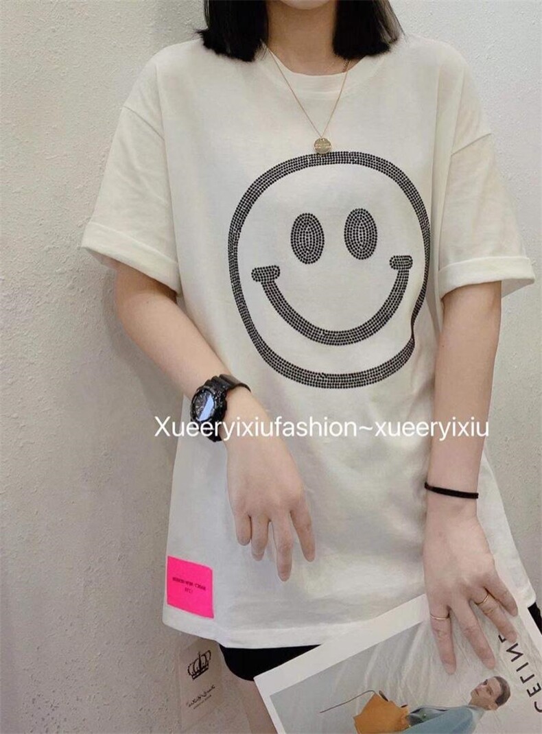 烫钻笑脸短袖T，女装，雪儿伊秀