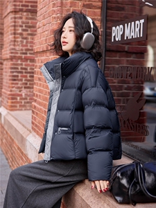 现货新款藏青色短款羽绒服女2025休闲宽松冬装外套图片