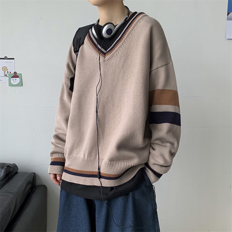 秋装港风针织衫V领长袖毛衣JK宽松外套情侣慵懒风中性W08/P65,男装针织衫/毛衣,电商A221A