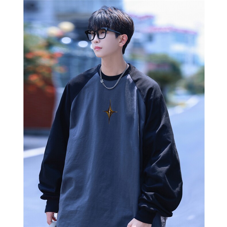 2025港风插肩袖设计大码M-5XL休闲印花花纹卫衣男WY77082P35控48，男装卫衣，星座227-7