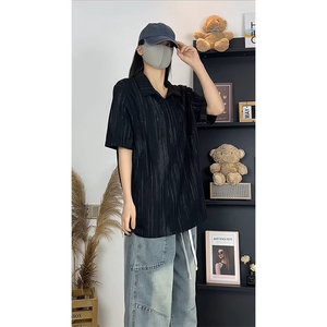 美式风短袖时尚潮流男女宽松型简约肌理感翻领上衣T3703-特价P27图片