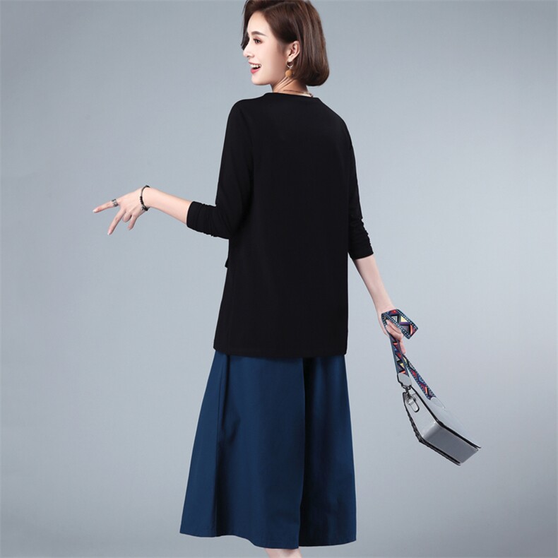 2021年春季新款潮韩版长袖T恤女宽松+七分阔腿裤子两件套装春秋,女装套装/套裙,简韵佳