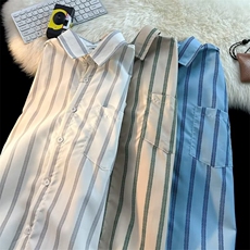 港风夏款男短袖衬衫竖条纹拼接宽松五分袖衬衣CS517P30，男装衬衫，星座1013-1