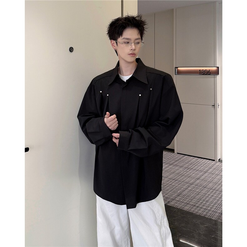 春秋男士衬衫外套韩版休闲长袖衬衫打底西装领铆钉装饰衬衫P42,男装T恤,电商B319