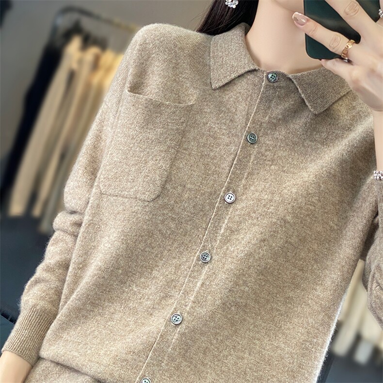 春秋精仿羊毛长袖翻领套头毛衣女宽松薄款polo领羊绒针织打底外套,女装羊毛衫,蒙莲贝斯