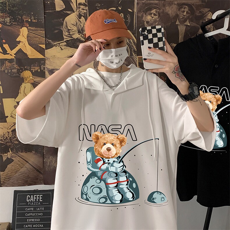 LD54251-P45NASA连帽短袖t恤男大码胖子带帽五分袖中袖海报风,男装T恤,电商A040