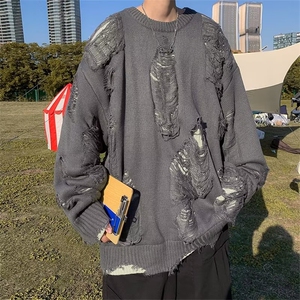 破洞假两件美式针织衫秋冬男女重工慵懒风外套毛衣潮牌M9221-p58图片