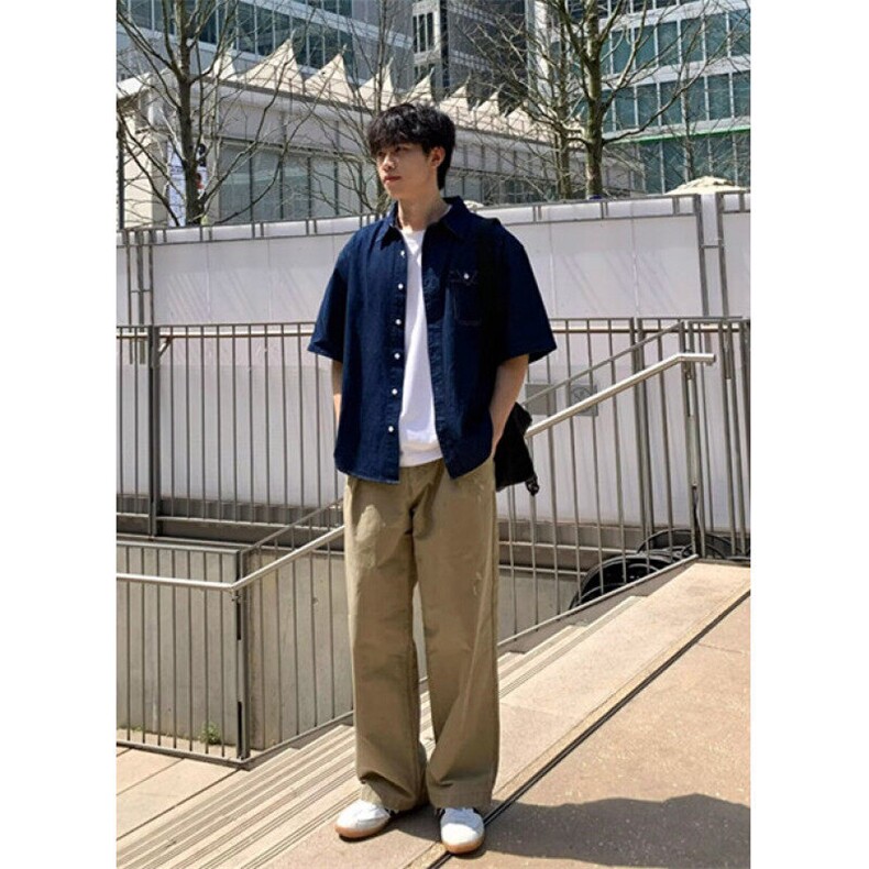复古纯色翻领盘扣短袖牛仔衬衫男女中性做旧五分袖宽松衬衣C26,男装衬衫,星座1116A（原606A-3）