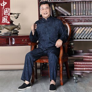 新款中老年唐装男长袖爸爸春秋套装丝绸爷爷风汉服，男装中老年男装，钱塘723