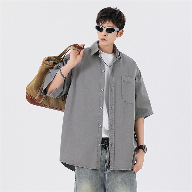 短袖衬衫纯棉夏季五分袖港风潮牌休闲衬衣服A436-0628-P4869,男装衬衫,电商A436