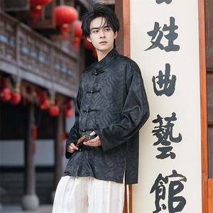 春夏新中式缎面海水江崖提花铜扣盘扣立领长袖男女衬衫30529 P75图片