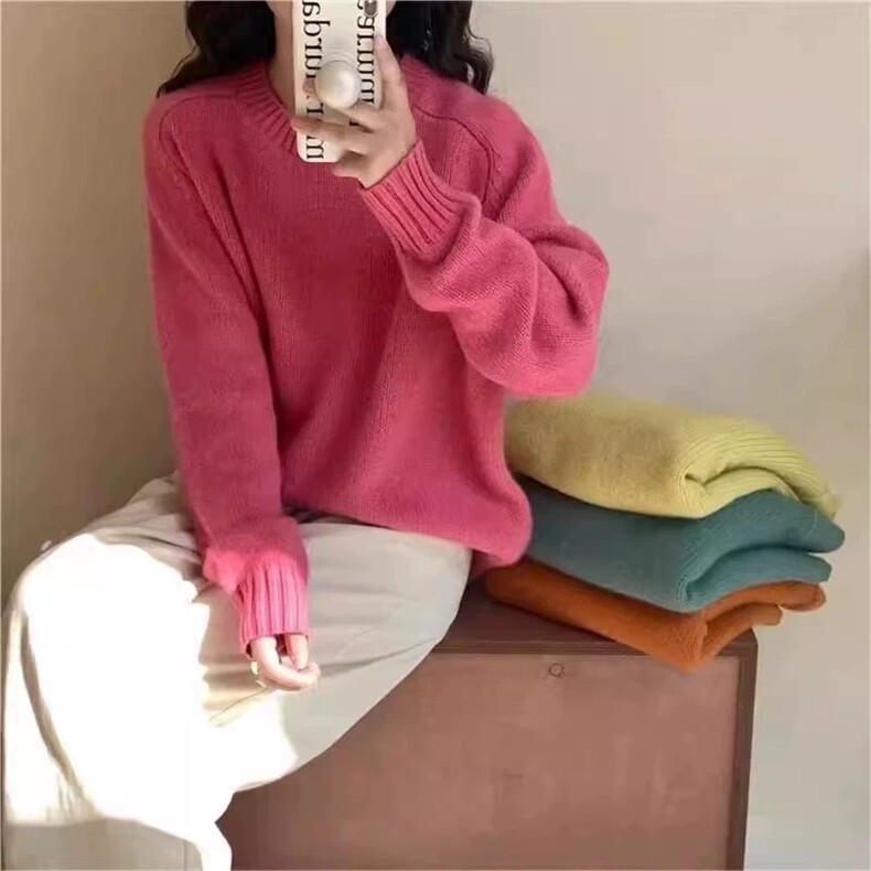 秋冬羊毛针织衫女圆领韩版慵懒风宽松纯色打底衫,女装羊毛衫,思途羊绒