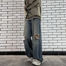 破洞牛仔裤男高街欧美慵懒韩风潮流文艺时尚潮裤N0826-P53，男装牛仔裤，星座308B-1