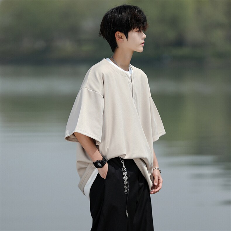 8XL-M重磅斜纹假两件短袖t恤男夏季薄款宽松大码半袖体恤DT006P45,男装T恤,电商B312