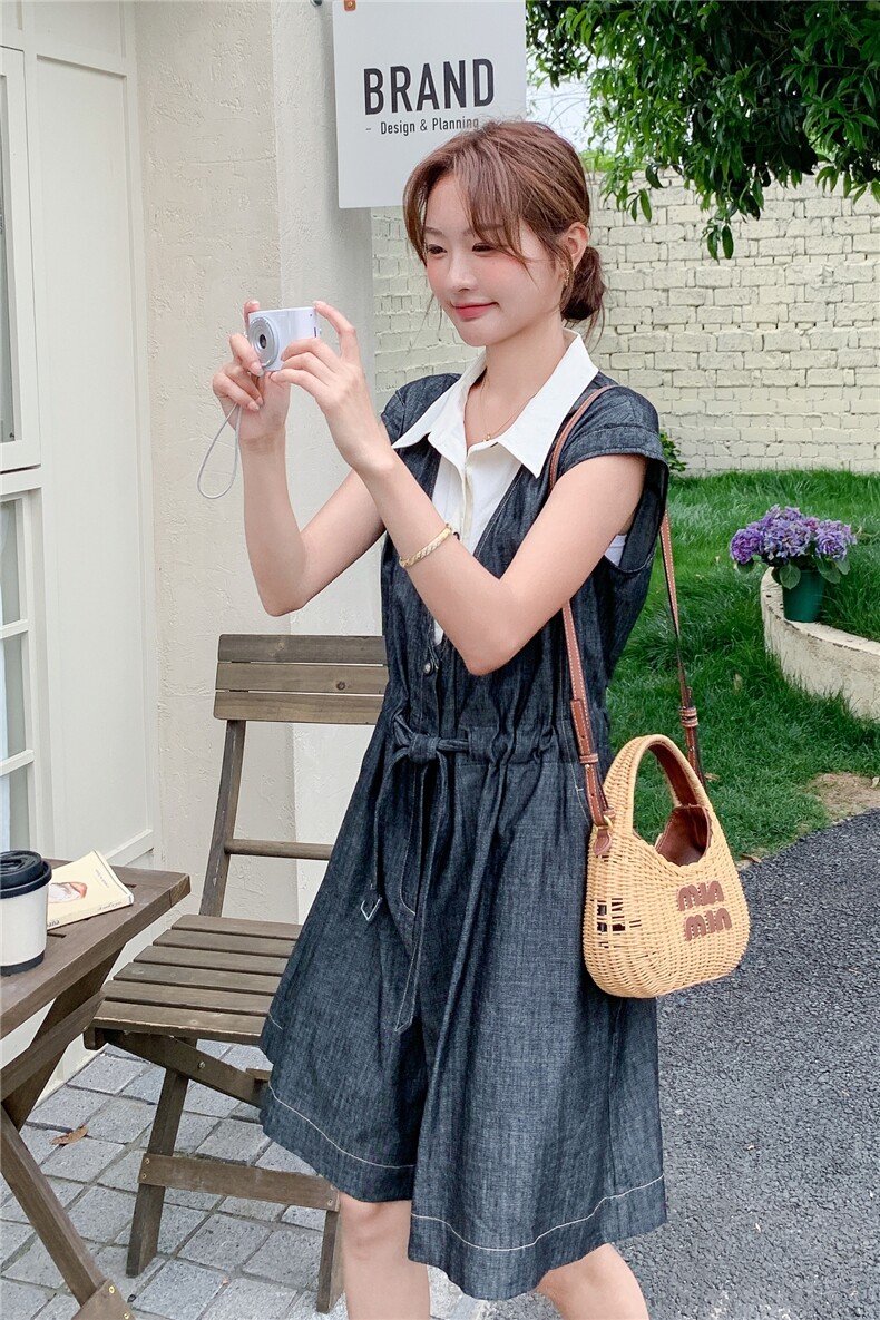 假两件拼接显瘦牛仔阔腿连体裤女夏2025新款小个子今年流行松弛感,女装套装/套裙,2C057