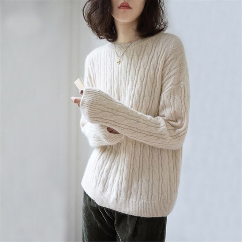 秋冬季新款纯色扭花宽松圆领长袖毛衣女针织衫上衣，女装针织衫/毛衣，美莎羊绒